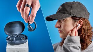 a side by side image of the author wearing airpods and the jlab go sport+ running earbuds both on the tom's guide blue background