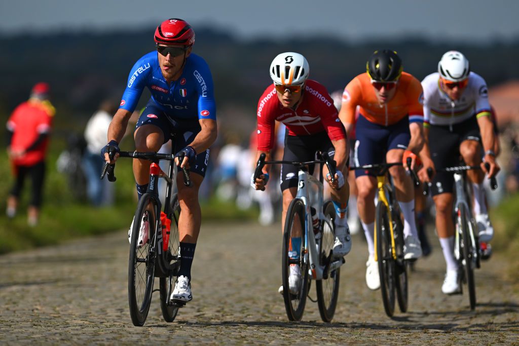 HASSELT BELGIUM SEPTEMBER 15 Matteo Trentin of Team Italy L competes during the 30th UEC Road Cycling European Championships 2024 Mens Elite Road Race a 2228km one day race from HeusdenZolder to Hasselt on September 15 2024 in Hasselt Belgium Photo by Luc ClaessenGetty Images