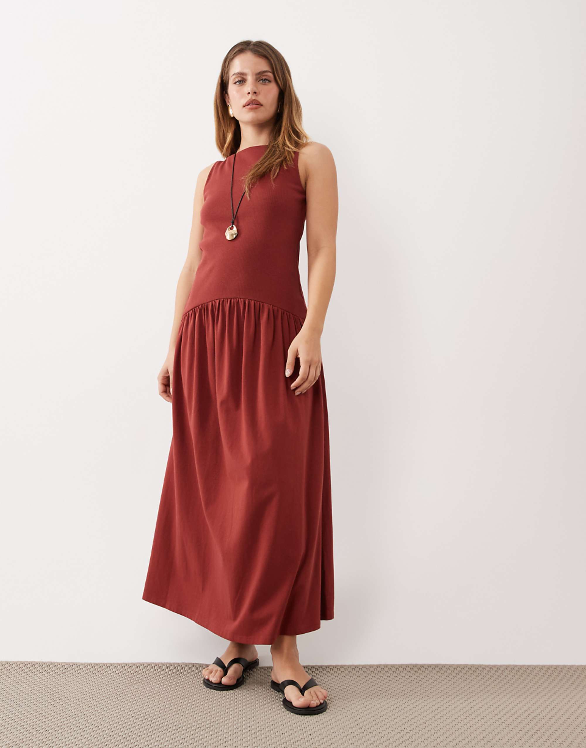 Asos Design Petite Rib Mix Midi Dress With Drop Waist in Rust Brown