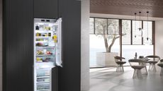 Refrigerator with dining area and beach view