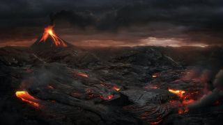 An artist's rendition of a post-volcanic eruption landscape.