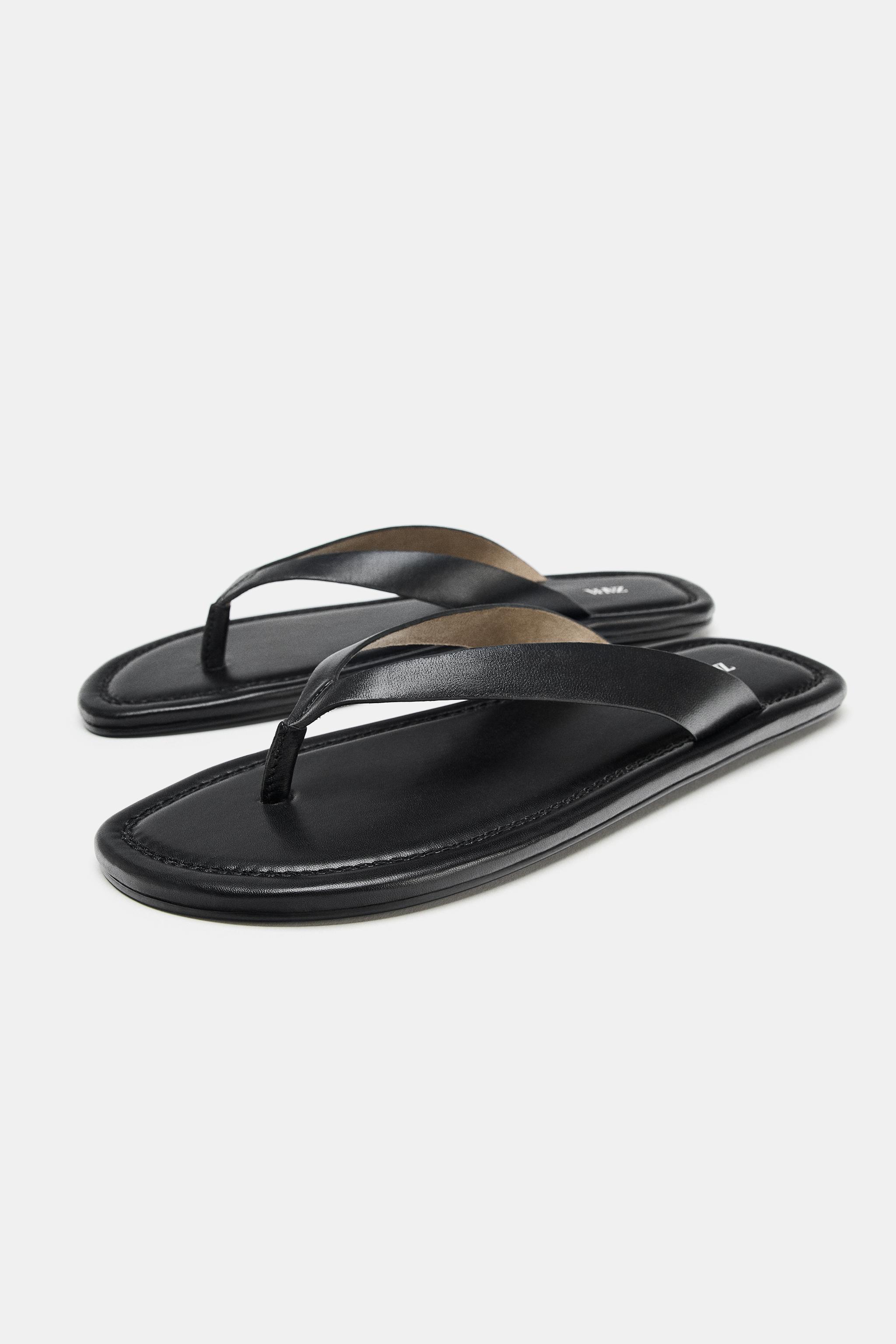 Flat Leather Sandals - Black - 2