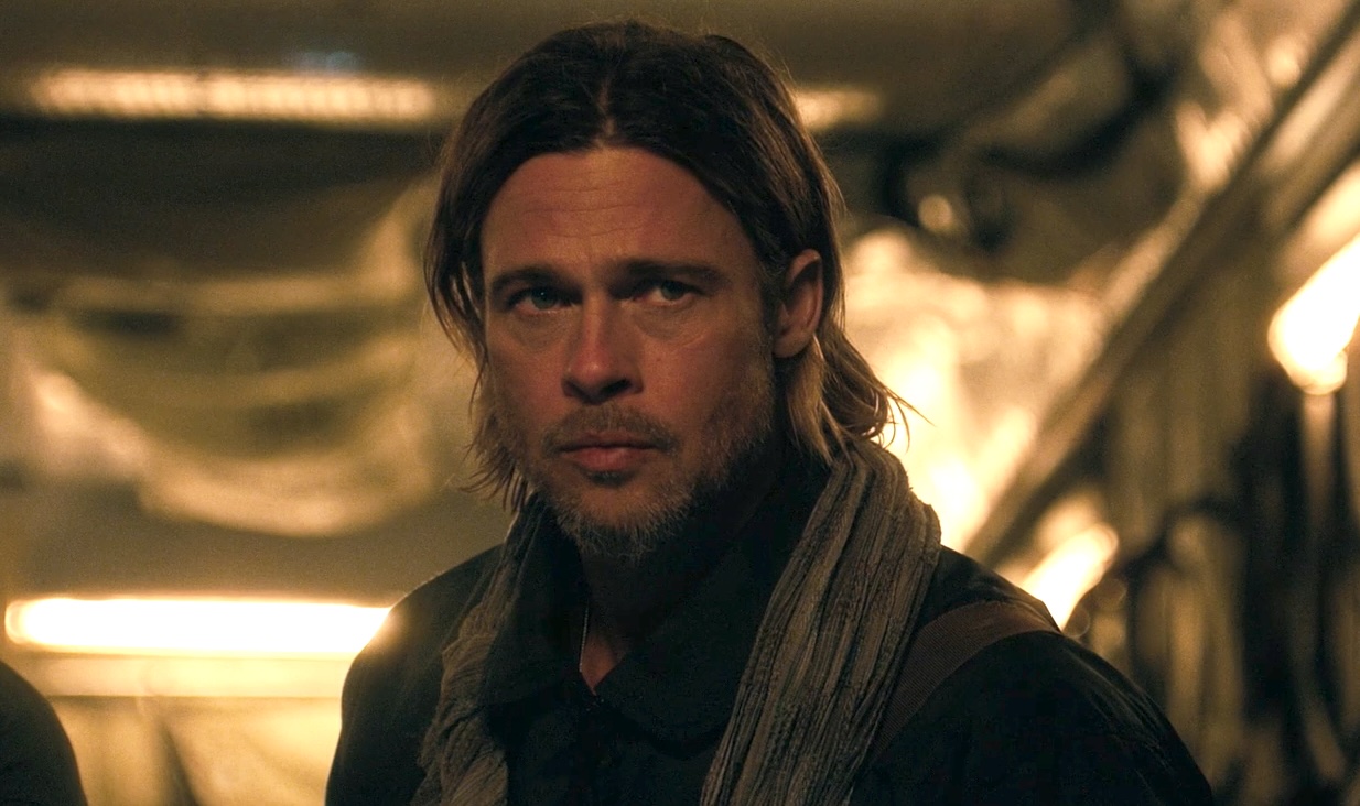 Brad Pitt looking concerned in World War z