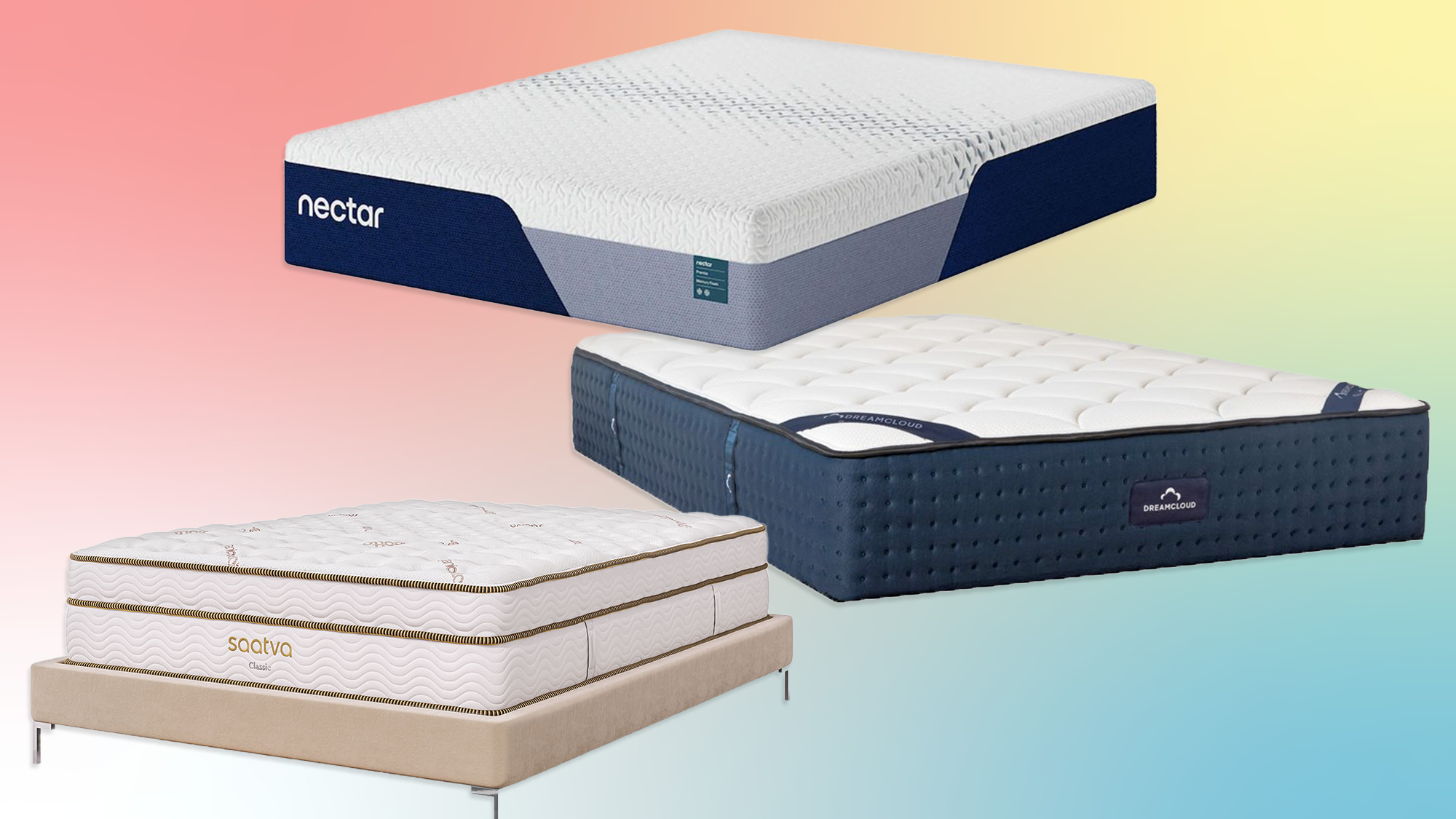 A collage showing (top to bottom) the Nectar Premier Memory Foam mattress, DreamCloud Hybrid mattress and Saatva Classic mattress on a bed frame against a colorful background