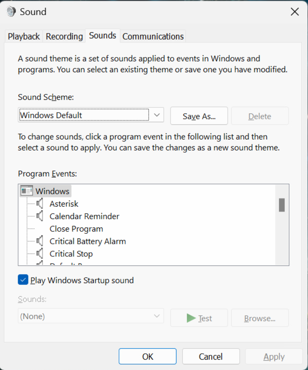 Uncheck play windows startup sound