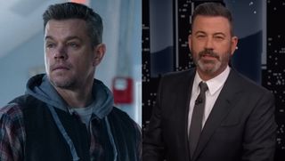 Matt Damon looking to his left slightly concerned in The Instigators/Jimmy Kimmel hosting Jimmy Kimmel Live