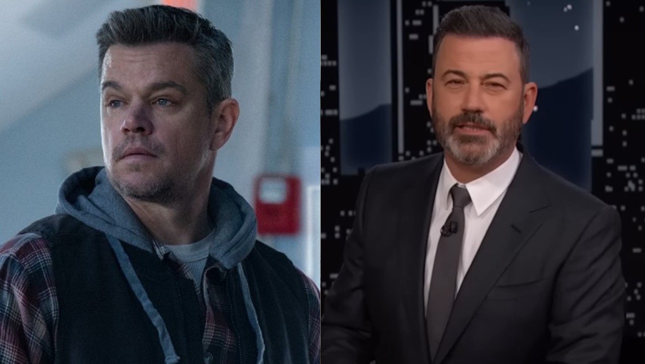 Matt Damon looking to his left slightly concerned in The Instigators/Jimmy Kimmel hosting Jimmy Kimmel Live