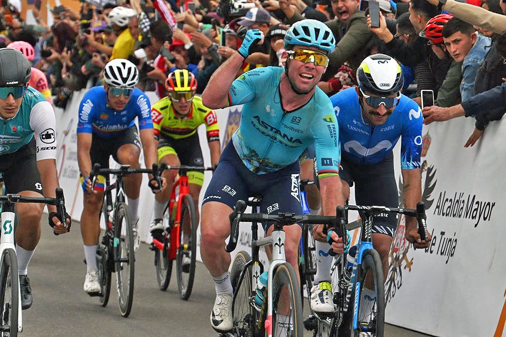 Great Britain's cyclist Mark Cavendish (2nd-R) of the Astana Qazaqstan team celebrates after winning the fourth stage of the Tour Colombia UCI 2024 from Paipa to Zipaquira, Colombia, on February 9, 2024. (Photo by Luis ACOSTA / AFP) (Photo by LUIS ACOSTA/AFP via Getty Images)