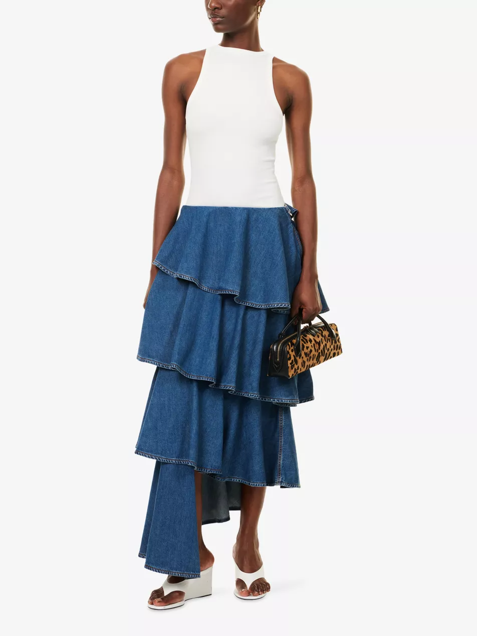 Spiral Tiered Denim Maxi Skirt - 6