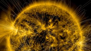A close up image of the sun's surface with added magnetic field lines
