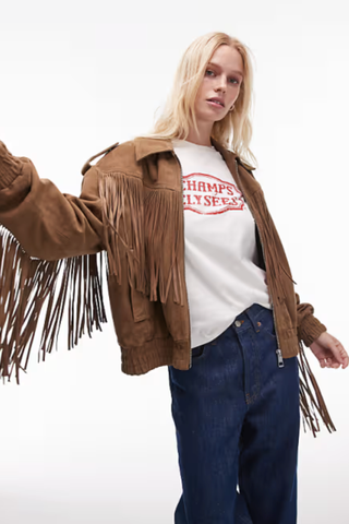 Topshop Premium Real Suede Fringe Jacket in Sand