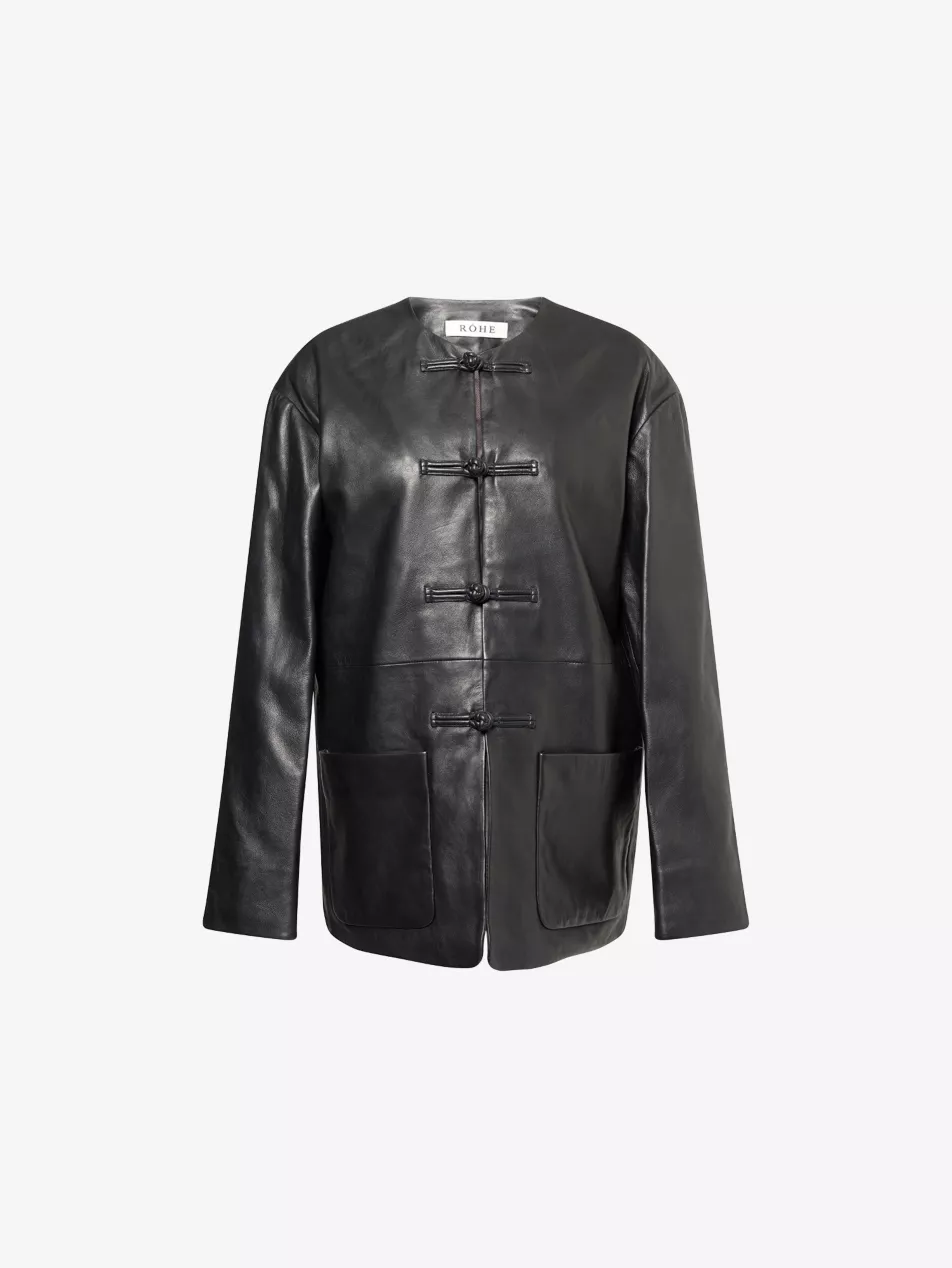 Round-Neck Patch-Pocket Leather Jacket