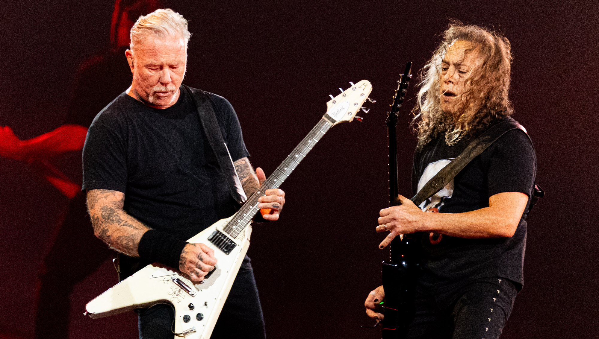 James Hetfield and Kirk Hammett of Metallica perform onstage during a concert at Principality Stadium on June 28, 2026 in Cardiff, Wales. 