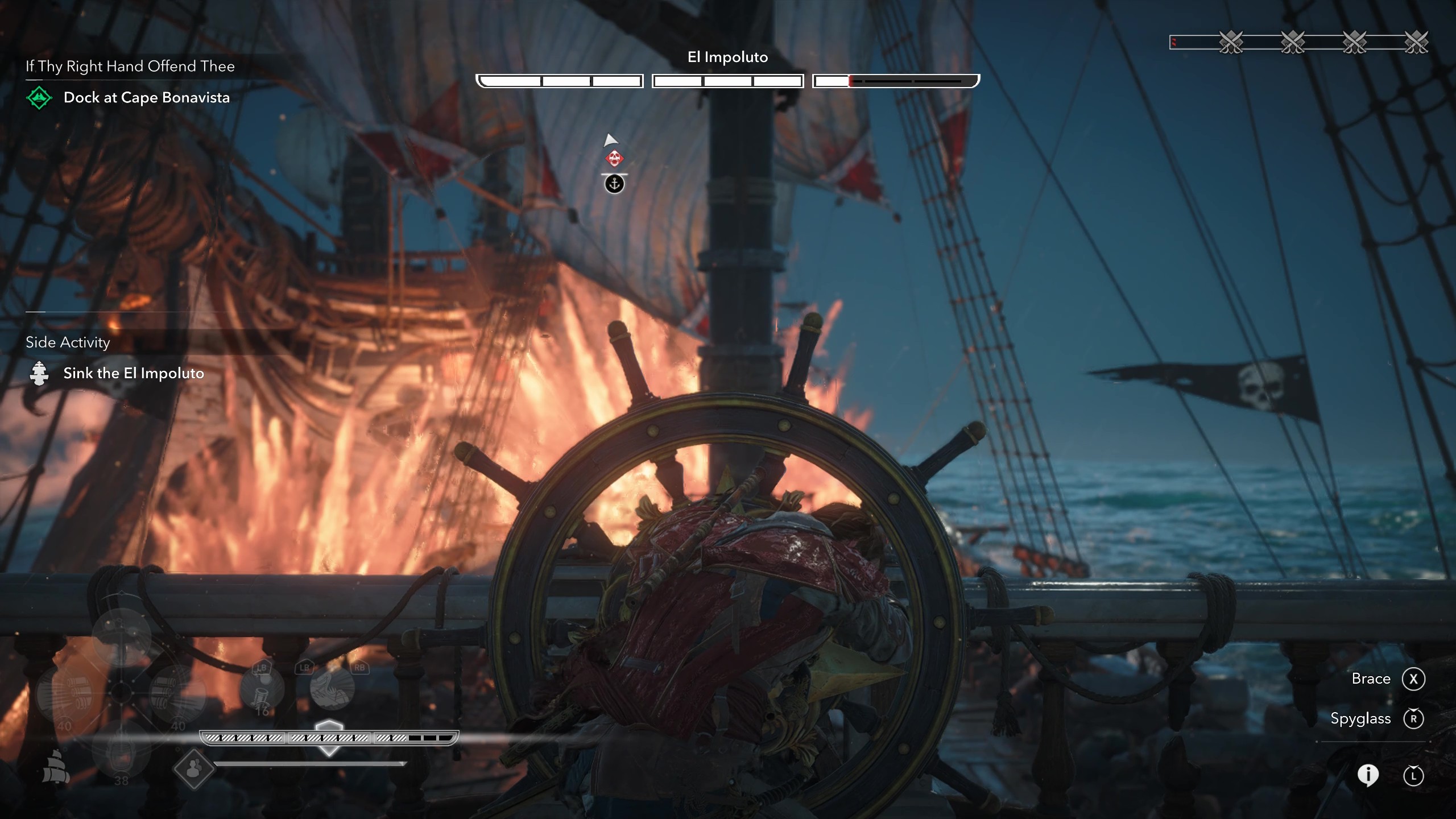 Gameplay of naval combat against El Impoluto, showing the player bracing.