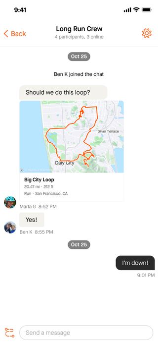 Screenshot of messaging in Strava app, including map with route overlaid in red. Along with assorted details, the messages read:"Shall we do this look?" "Yes!", and "I'm down"
