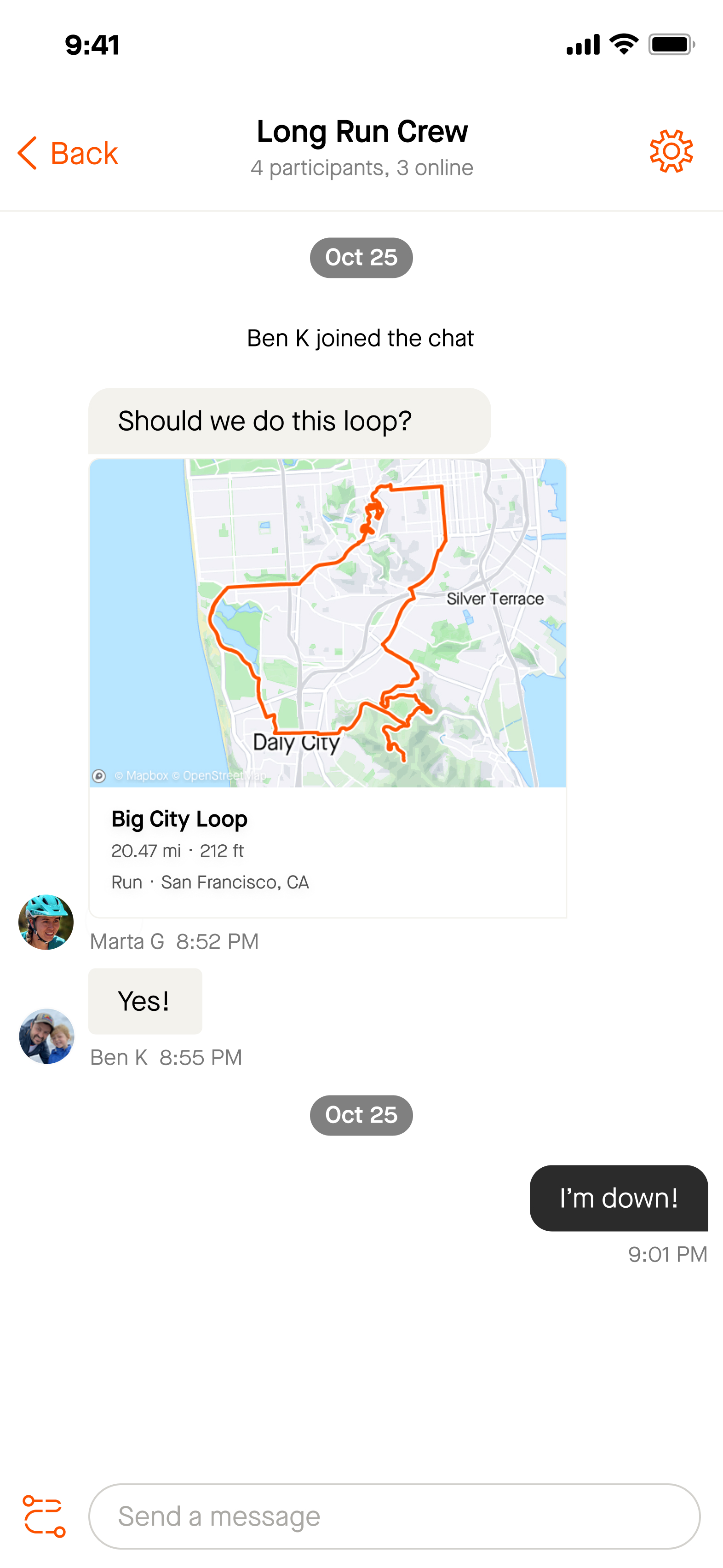 Screenshot of messaging in Strava app, including map with route overlaid in red. Along with assorted details, the messages read: