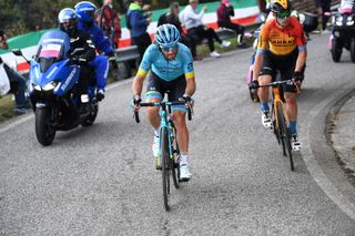 SAN DANIELE DEL FRIULI ITALY OCTOBER 20 Manuele Boaro of Italy and Astana Pro Team Jan Tratnik of Slovenia and Team Bahrain Mclaren Breakaway during the 103rd Giro dItalia 2020 Stage 16 a 229km stage from Udine to San Daniele Del Friuli 249m girodiitalia Giro on October 20 2020 in San Daniele Del Friuli Italy Photo by Tim de WaeleGetty Images
