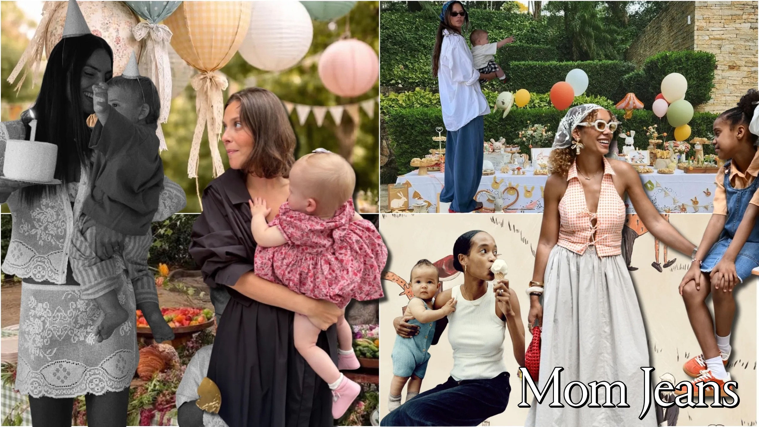 Collage of mothers holding and playing with their children at colorful outdoor birthday parties.