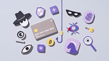 A stylized illustration showing icons representing malware, hackers, and stolen credentials made of felt such as a credit card, magnifying glass, fingerprint, and insect with a chip on its back.