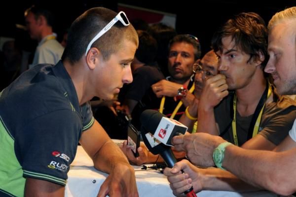 Peter Sagan (Liquigas-Cannondale) answers questions at his team's pre-Tour press conference on Thursday.