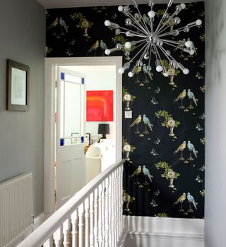 a landing with a statement black wallpaper with colourful birds, next to the white staircase and with a decorative pendant light hanging from the ceiling
