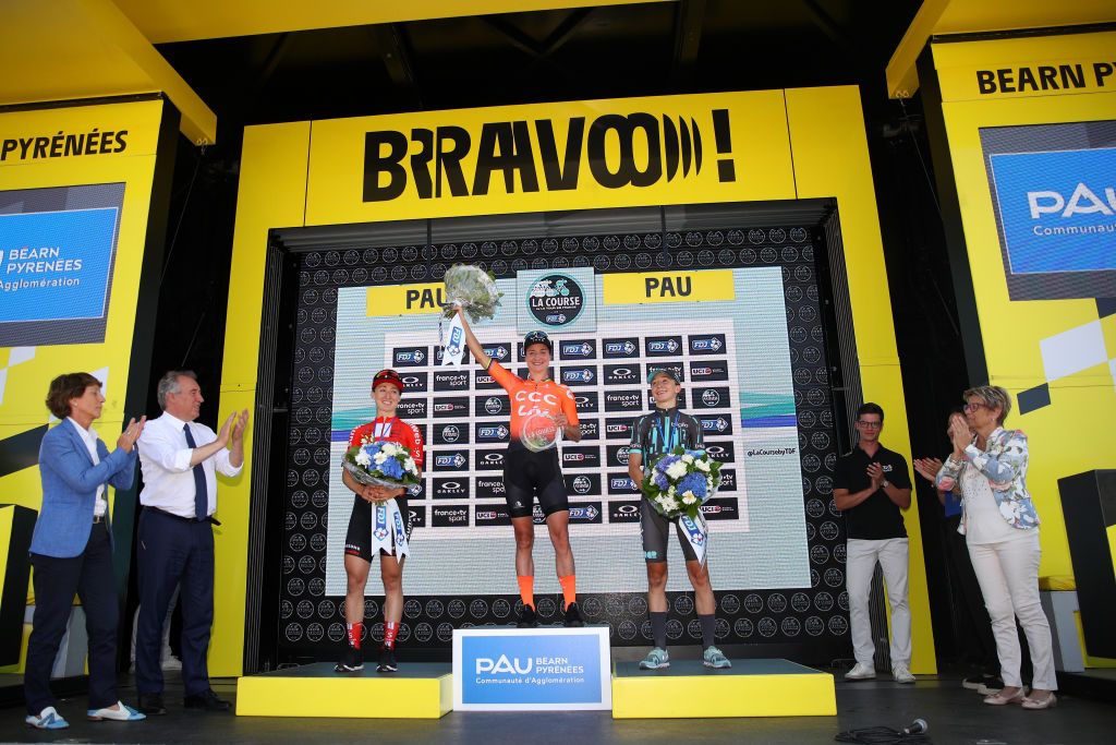 Leah Kirchmann (Team Sunweb), Marianne Vos (CCC-Liv) and Cecilie Uttrup Ludwig (Bigla) on the Tour de France podium