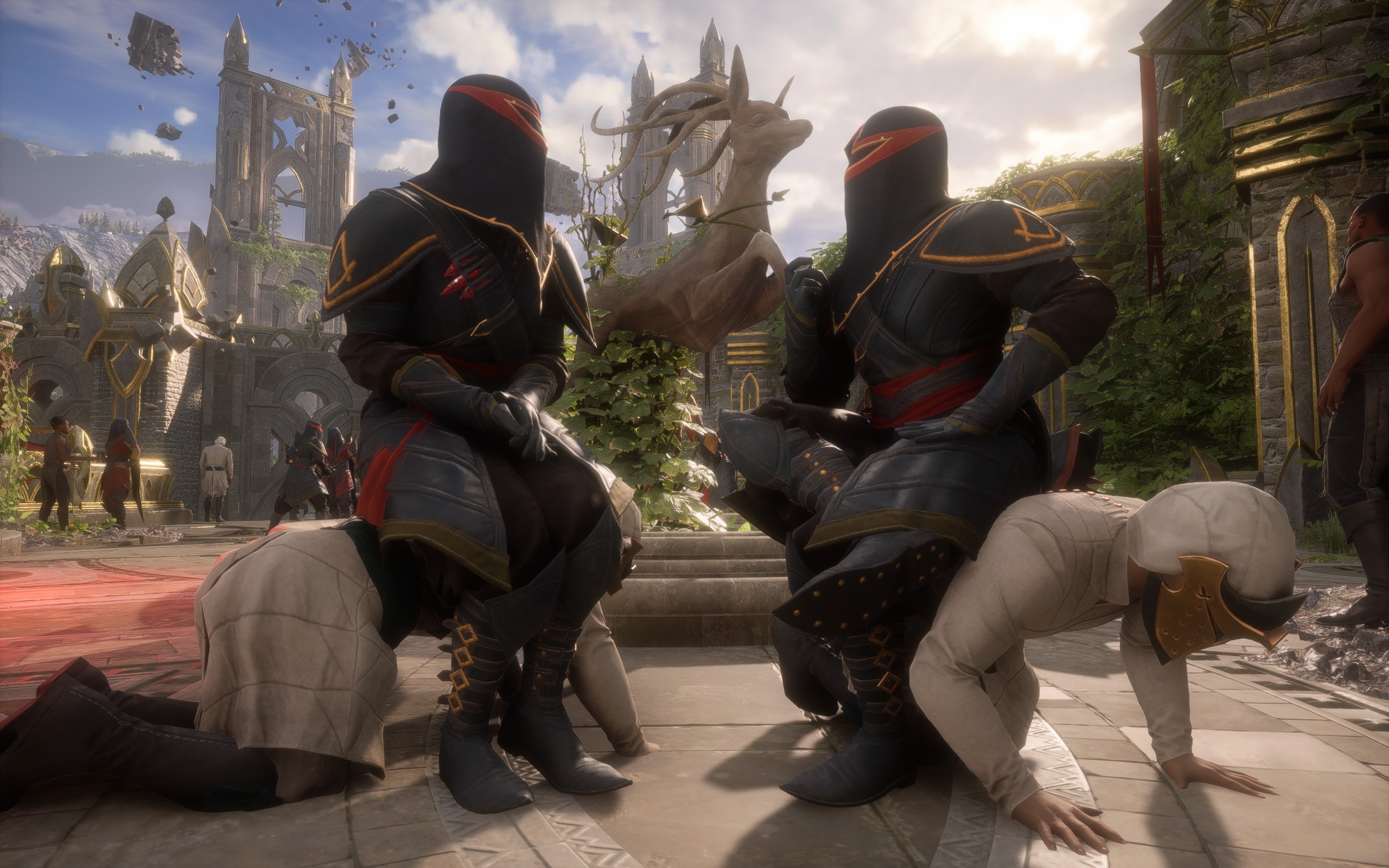 Two hooded cultists sit on slaves they're using as seats