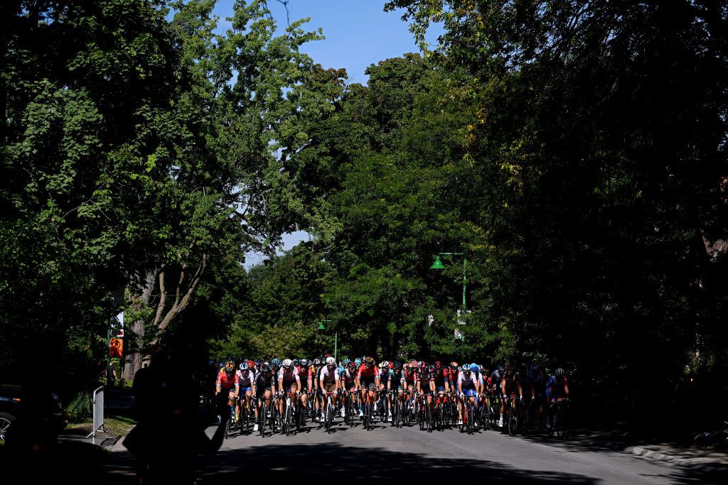 MONTREAL QUEBEC SEPTEMBER 11 A general view of the peloton competing during the 11th Grand Prix Cycliste de Montreal 2022 a 221km one day race from Montreal to Montreal GPCQM WorldTour on September 11 2022 in Montreal Quebec Photo by Dario BelingheriGetty Images