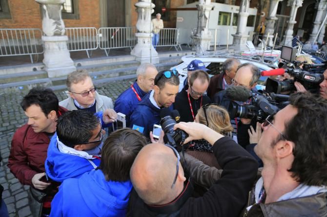 Vincenzo Nibali (Astana) greets the media