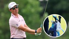 Ben Griffin hits an iron shot, with a close up of his bag