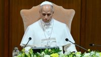 Pope Leo XIV attends the presentation of his first Encyclical Letter "Magnifica Humanitas" focused on the rise of artificial intelligence, in The Vatican on May 25, 2026.