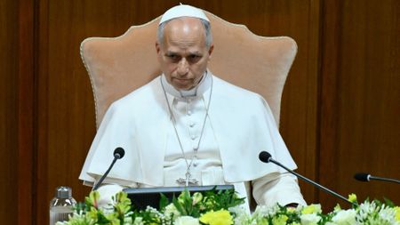 Pope Leo XIV attends the presentation of his first Encyclical Letter "Magnifica Humanitas" focused on the rise of artificial intelligence, in The Vatican on May 25, 2026.