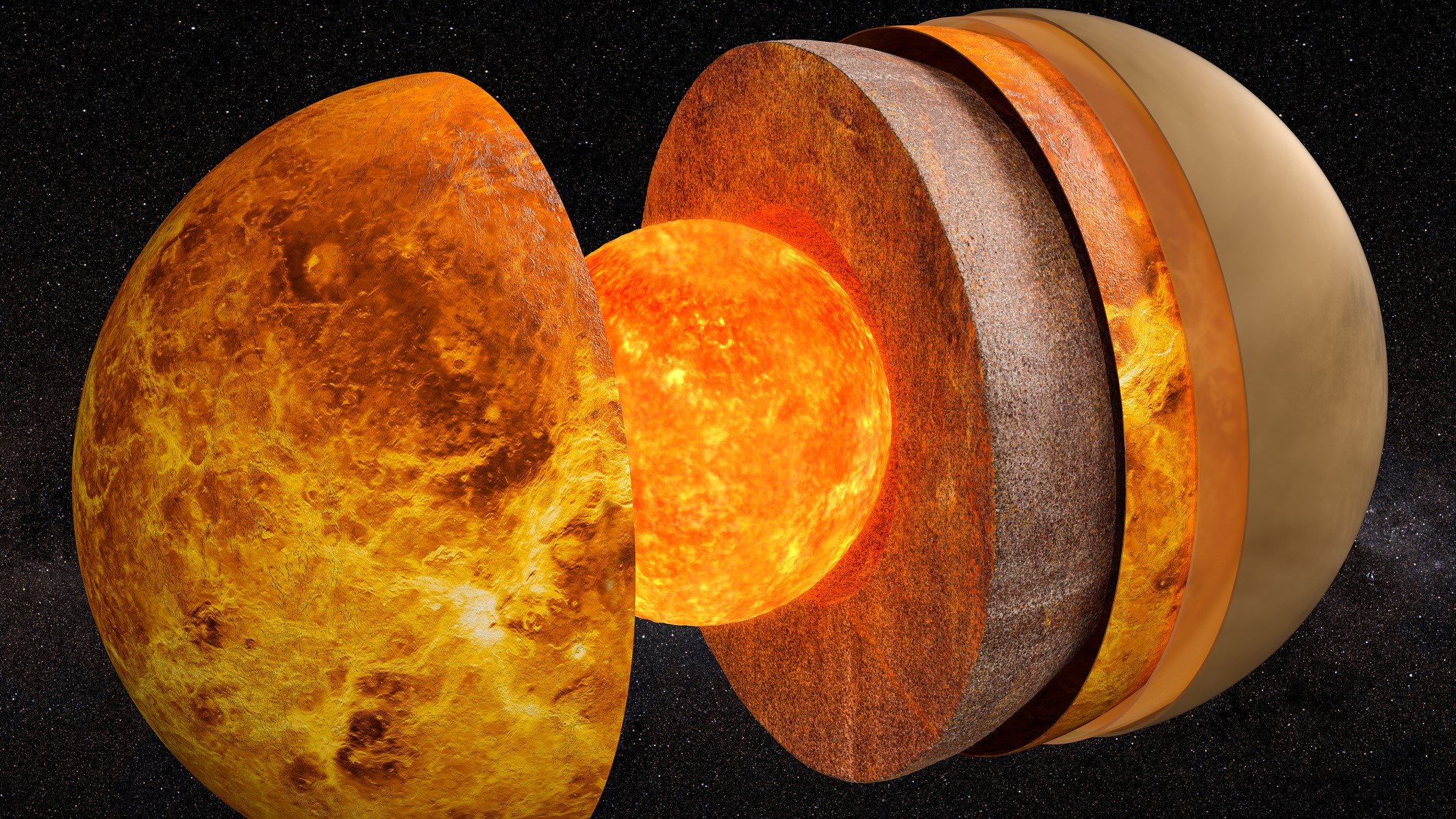 Artist's illustration showing the internal structure of Venus. The layers of the planet are peeled back to reveal the internal structure of the hot, hellish planet.