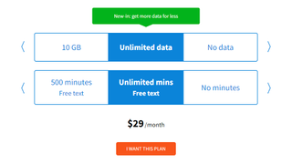 Tello Mobile plan options and pricing screen
