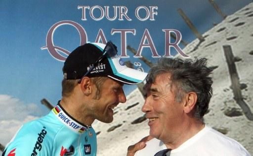 Tour of Qatar stage winner and overall leader Tom Boonen is congratulated by Eddy Merckx