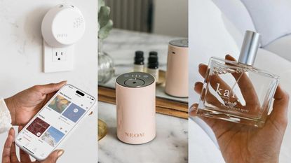 Three of the best air fresheners including Pura smart plug-in room diffuser, Neom essential oil diffuser, and Kai signature room and linen spray