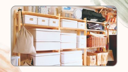 Garage storage racks with organised boxes to support 5 Day Clutter Shakedown decluttering method