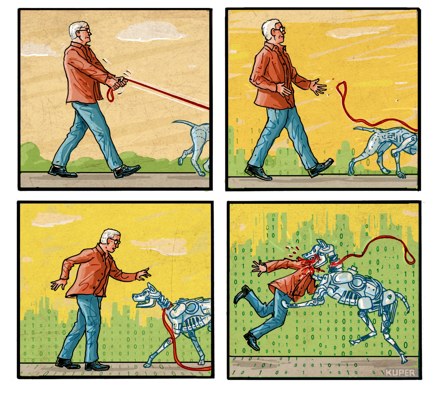 In this wordless four panel cartoon, a man walks a dog. In each panel the dog becomes more and more like a robot and the background of the image is replaced by binary zeros and ones. In the final panel, the dog has become fully mechanized. It turns on the man and attacks him, viciously biting so that its jaws cover the man&amp;rsquo;s entire head and leaves him bloodied and dead.