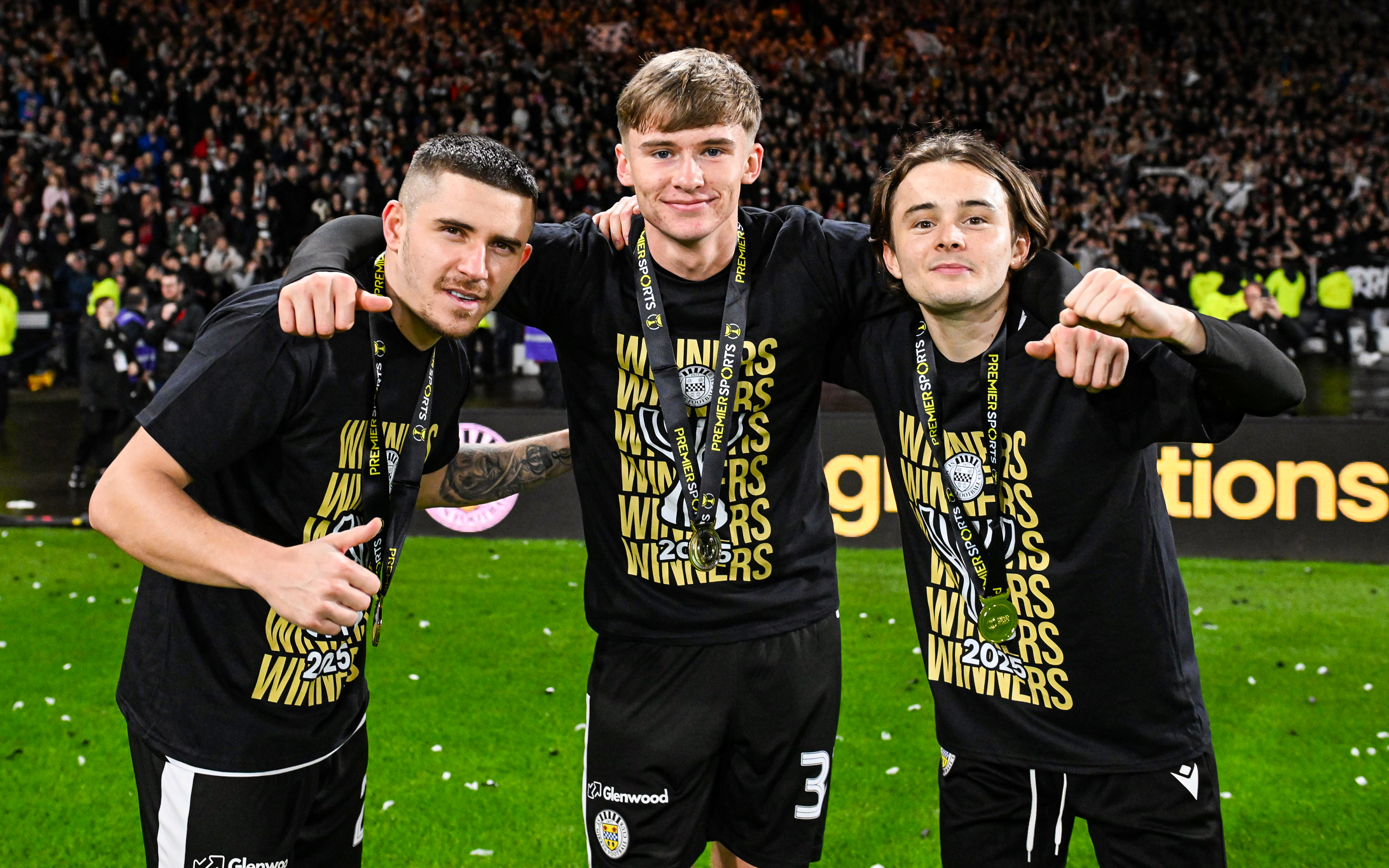 GLASGOW, SCOTLAND - DECEMBER 14: (L-R) St Mirrens' Declan John, Evan Mooney and Fraser Taylor celebrate at full time during a Premier Sports Cup Final match between St Mirren and Celtic at Barclays Hampden, on December 14, 2025, in Glasgow, Scotland. (Photo by Paul Devlin/SNS Group via Getty Images)