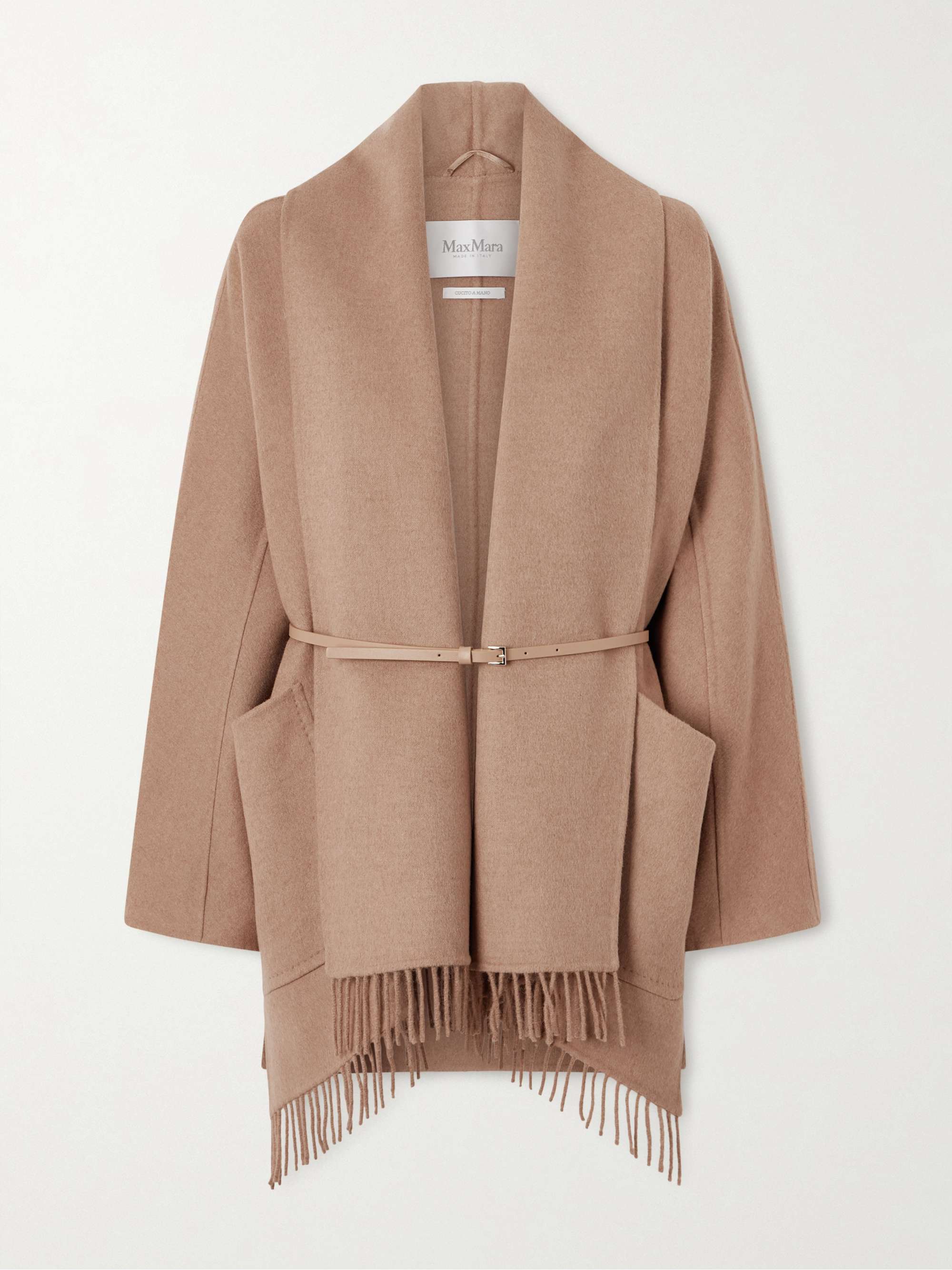 Belted Fringed Camel Hair Coat
