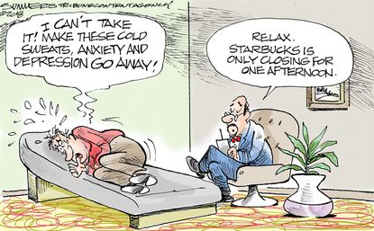 Political cartoon U.S. Starbucks anti-racial bias training therapy
