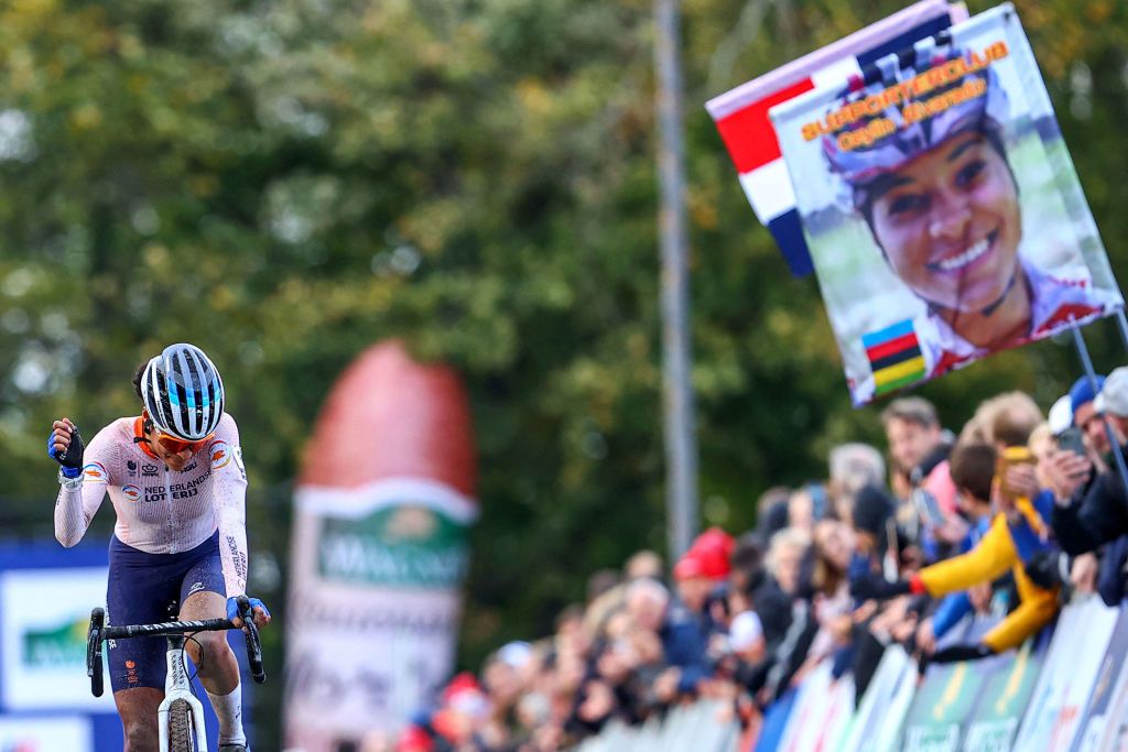 Netherlands Ceylin Del Carmen Alvarado crosses the finish line in the women elite race at the European Championships cyclocross cycling in Namur on November 5 2022 Dutch rider Fem van Empel became European cyclocross champion ahead of her compatriot Ceylin Alvarado and Hungarys Blanka Vas in Namur Belgium OUT Photo by DAVID PINTENS various sources AFP Belgium OUT Photo by DAVID PINTENSBelgaAFP via Getty Images