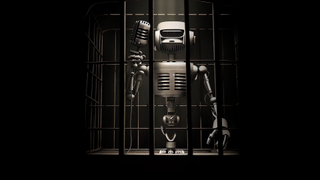 A caged robot with microphone.