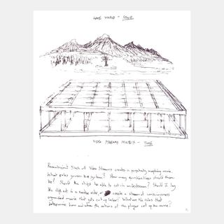 A sketch of mountains (on the top of the paper), giant crate (i the middle of the white paper) written notes on the bottom of the paper