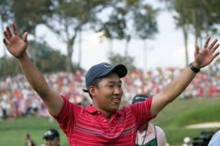 Anthony Kim celebrates after USA won the 2008 Ryder Cup