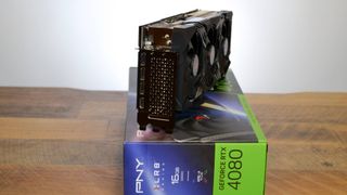 A PNY GeForce RTX 4080 XLR8 on its retail packaging