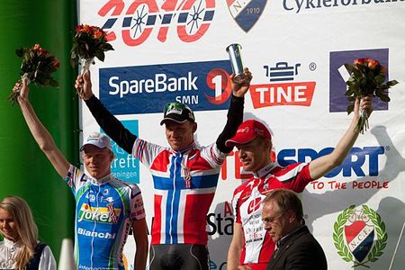 The elite men's podium (l-r): Christer Rake, Thor Hushovd and Roy Hegreberg.