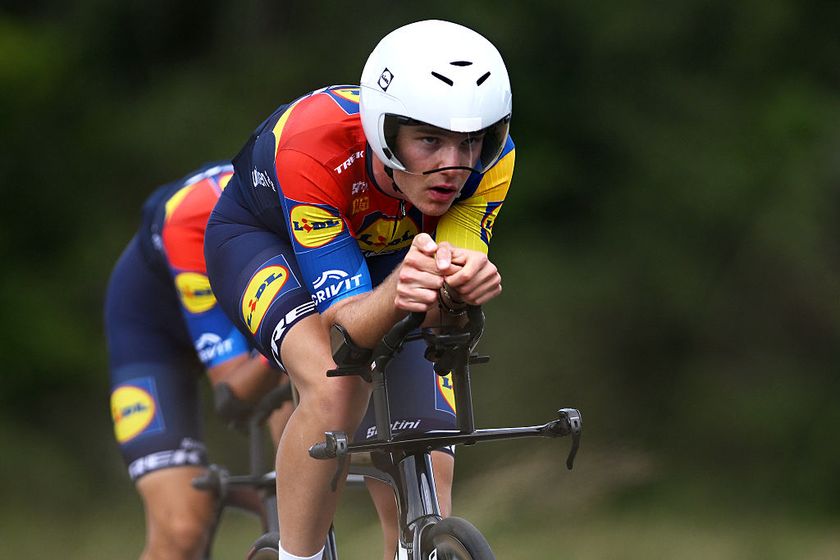 JARDRES, FRANCE - AUGUST 28: JARDRES, FRANCE - AUGUST 28: Cameron Rogers of Australia and Team Lidl - Trek Future Racing prior to the 39th Tour Poitou - Charentes en Nouvelle Aquitaine 2025, Stage 3 a 27.3km time trial stage from Chauvigny to Jardres on August 28, 2025 in Jardres, France. (Photo by Luc Claessen/Getty Images)