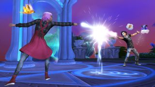 Two characters duel in Glimmerbrook's Magic Realm in The Sims 4 Realm of Magic