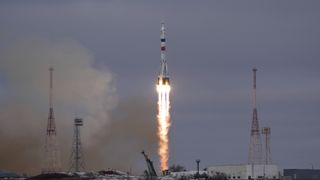 A Soyuz 2.1a carrier rocket blasts off from Baikonur Cosmodrome on December 8, 2021